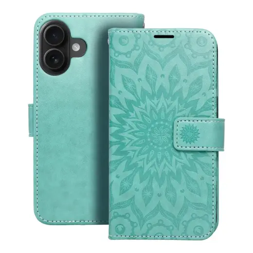 MEZZO mandala knyginio tipo telefono dėklas iPhone 16 žalias