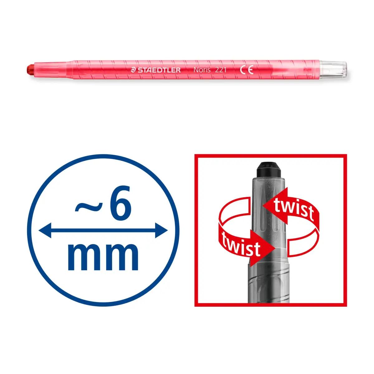 Vaska krītiņi plastmasas korpusā STAEDTLER NORIS CLUB 221 diametrs 6mm, 12 krāsas