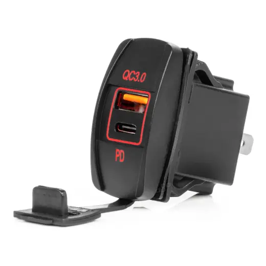 Boat Shaped Waterproof Phone Charger with RED LED Backlight USB + USB C QC3.0 12/24V AMIO-04229