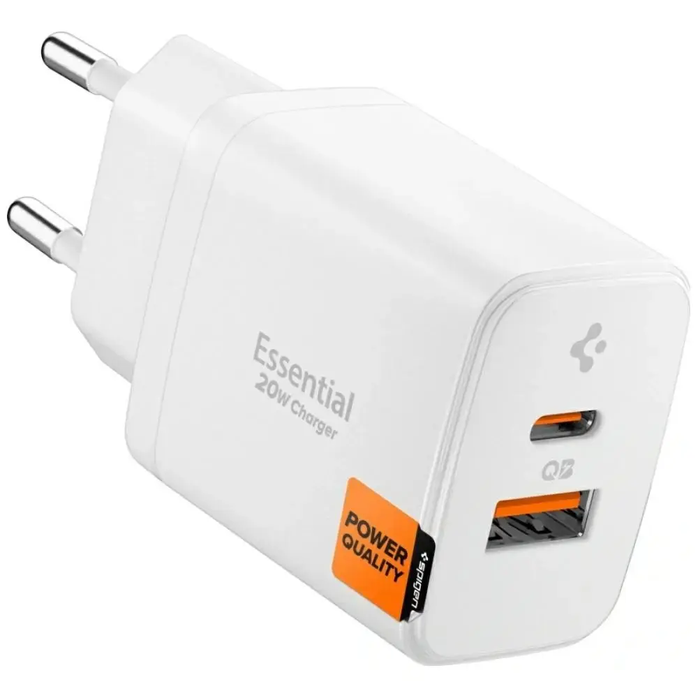 Spigen Essential EE202EU tīkla lādētājs | 20W | USB-C, USB-A | balts