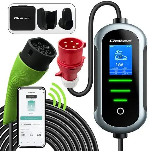 Qoltec Mobile EV Electric Car Charger with 2-in-1 Type 2 Adjustment | 22kW | 400V | CEE 32A | Wi-fi | TUYA | SMART LIFE | LCD | Portable | 7m