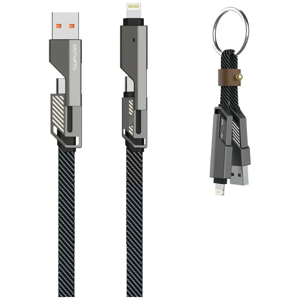 4smarts ComboCord Flat 3-in-1 datu pārraides un uzlādes vads | USB-A uz USB-C, Lightning | 240W | 1.5m | pelēks | 2 gab. komplekts