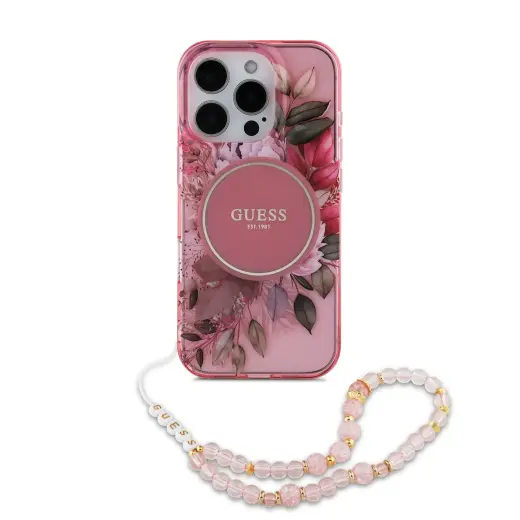 Guess IML Цветы Жемчужная Ремешок MagSafe чехол для телефона iPhone 15 Pro Max Розовый