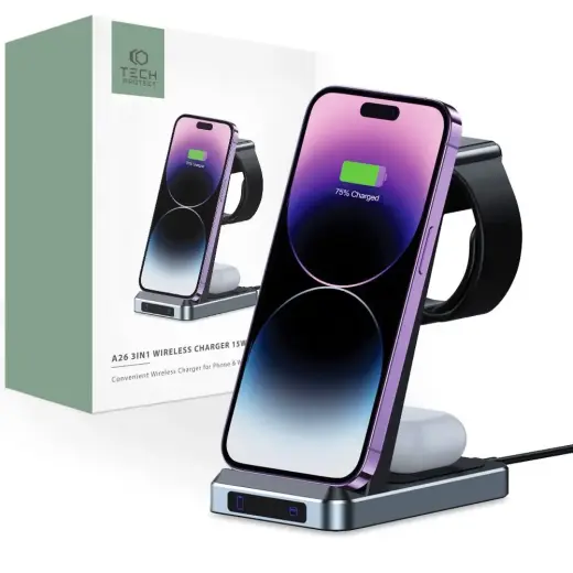 Tech-Protect QI15W-A26 3-in-1 bezvadu lādētājs | Qi | 15W | melns