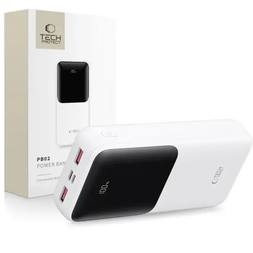 Tech-Protect PB02 ārējais akumulators (powerbank) | 20000 mAh | 22.5W | USB-A, USB-C, Micro USB | LED ekrāns | balts