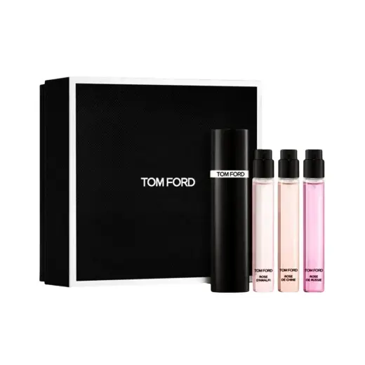 Set Tom Ford: Rose De Russie, Eau De Parfum, For Women, 10 ml + Rose De Chine, Eau De Parfum, For Women, 10 ml + Rose D'Amalfi, Eau De Parfum, For Women, 10 ml + Tom Ford, Refillable Atomizer Case, Black
