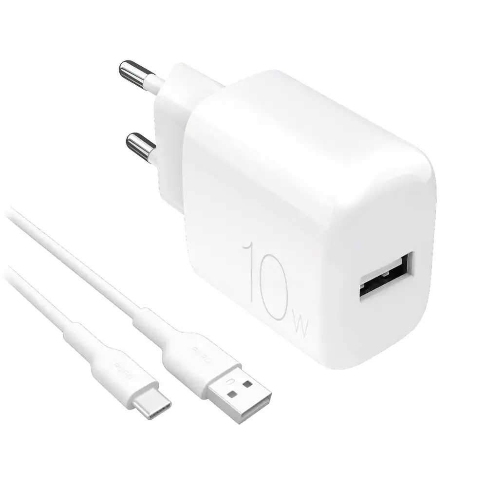 Puro PROLITE tīkla lādētājs | 10W | USB-A | ar USB-A uz USB-C vadu komplektā | balts