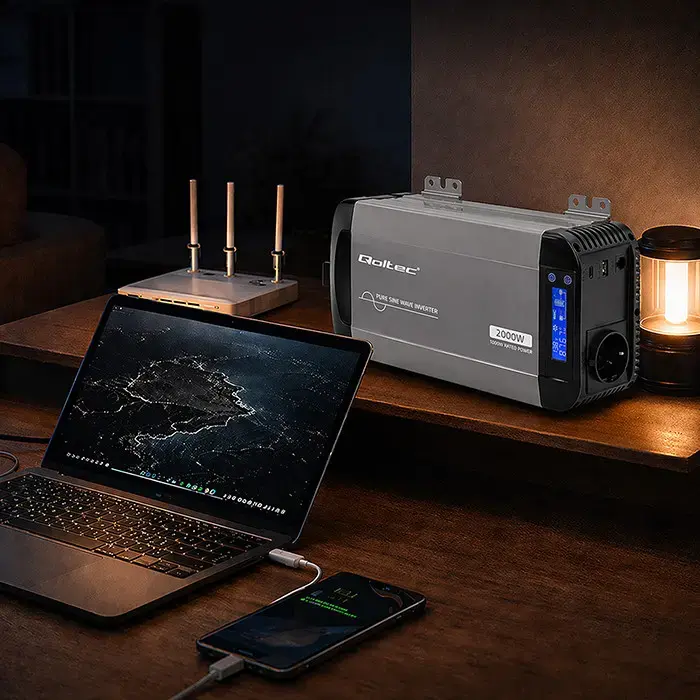 Qoltec Pure Sine Wave Inverter | 12V to 230V | 1000/2000W | LCD | USB | USC-C | Compatible with LiFePO4 GEL AGM