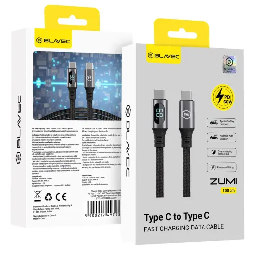 Blavec Zumi CZU-CC3B10 datu pārraides un uzlādes vads | USB-C uz USB-C | PD | 60W | ar LED ekrānu | 1m | melns