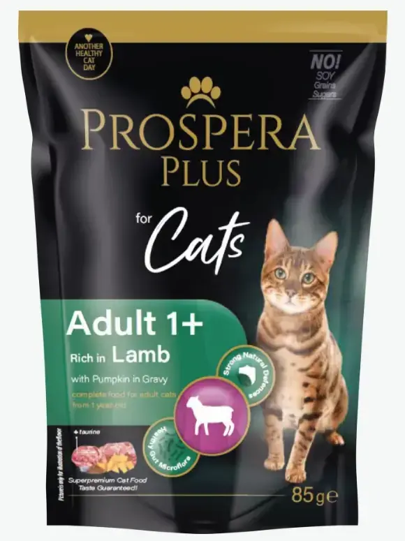 Konservi kaķiem - Prospera Plus, Cat Pouch Adult 1+, Lamb and Pumpkins, 85 g