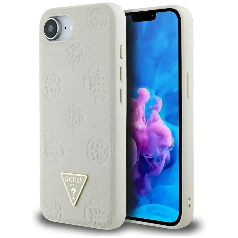 Guess Grained rozā Stamp Peony Triangle Logo telefona maciņš priekš iPhone 16e bēšs ar MagSafe