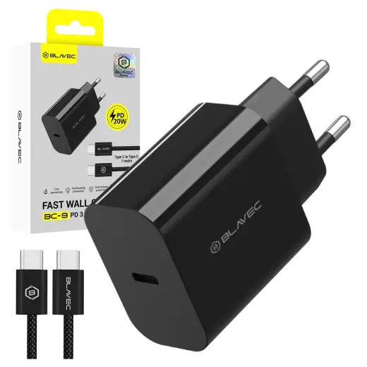 Blavec BC-9 tīkla lādētājs | 20W | PD | USB-C | ar USB-C uz USB-C vadu komplektā | melns