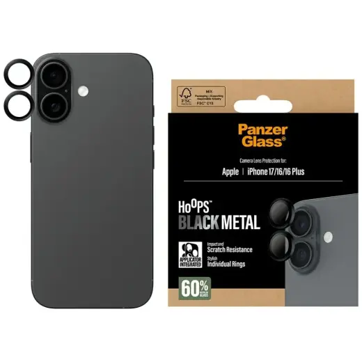 PanzerGlass Hoops Tempered Glass Lens Screen Protector for iPhone 17 | 16 | 16 Plus Black