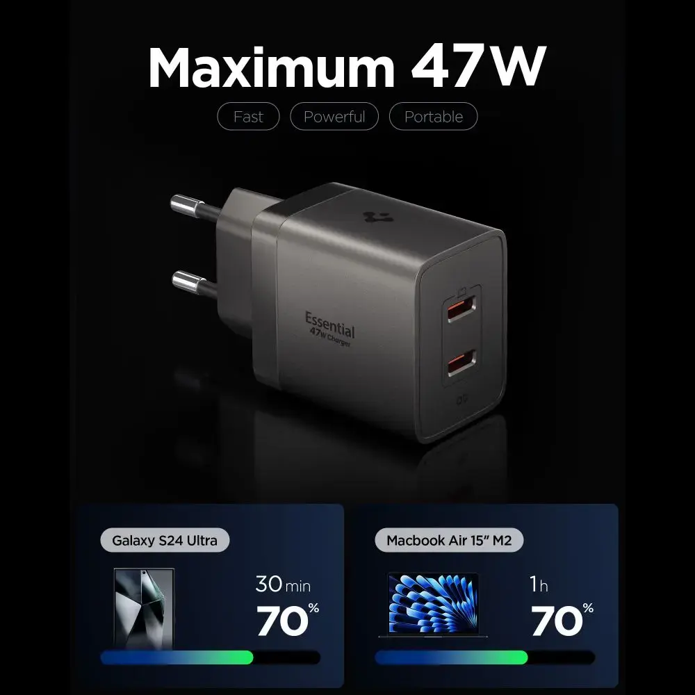 Spigen Essential EE472EU-GAN tīkla lādētājs | 47W | GaN | USB-C, USB-A | pelēks