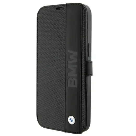 BMW BMBKP15L22RDPK iPhone 15 Pro 6.1" czarny|black bookcase Leather Textured & Stripe