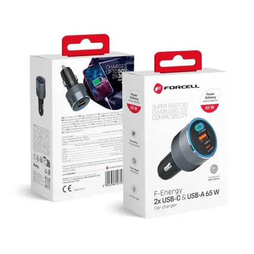 Forcell F-Energy Alu auto lādētājs | 65W | PD, QC | USB-C, USB-A | pelēks