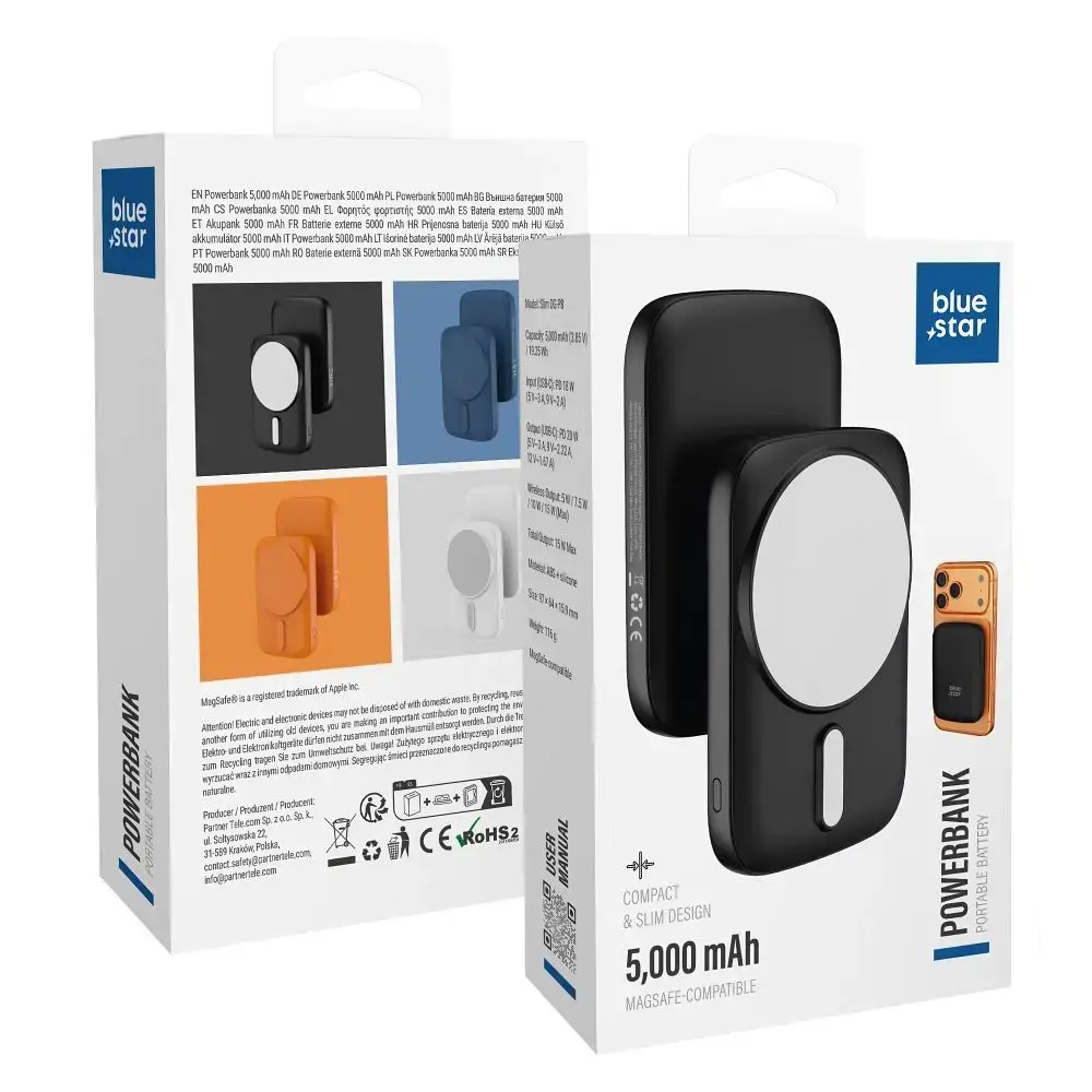 Blue Star Slim DG-P8 Power Bank | 5,000 mAh | 20W | PD | USB-C, MagSafe, Wireless | black