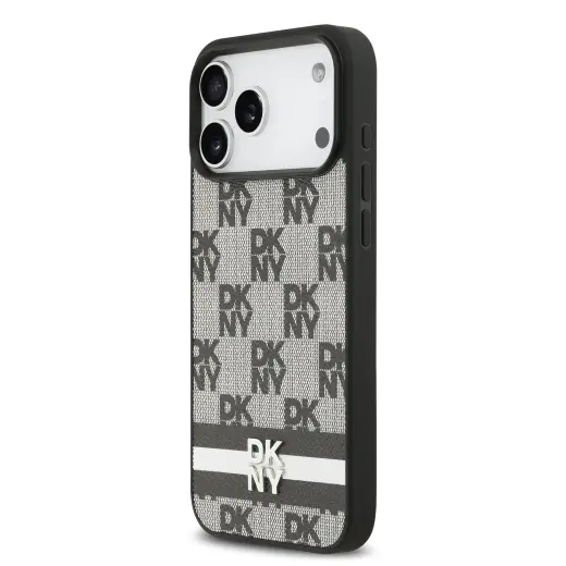 DKNY PU Leather Checkered Pattern and Stripe Case for iPhone 17 Pro Max Black