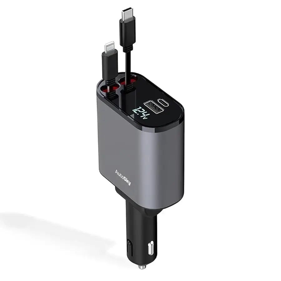 AutoSky 4-in-1 Retractable Fast Charger  For Cars: 100W Car USB-C & iPhone Cable  USB-C|A