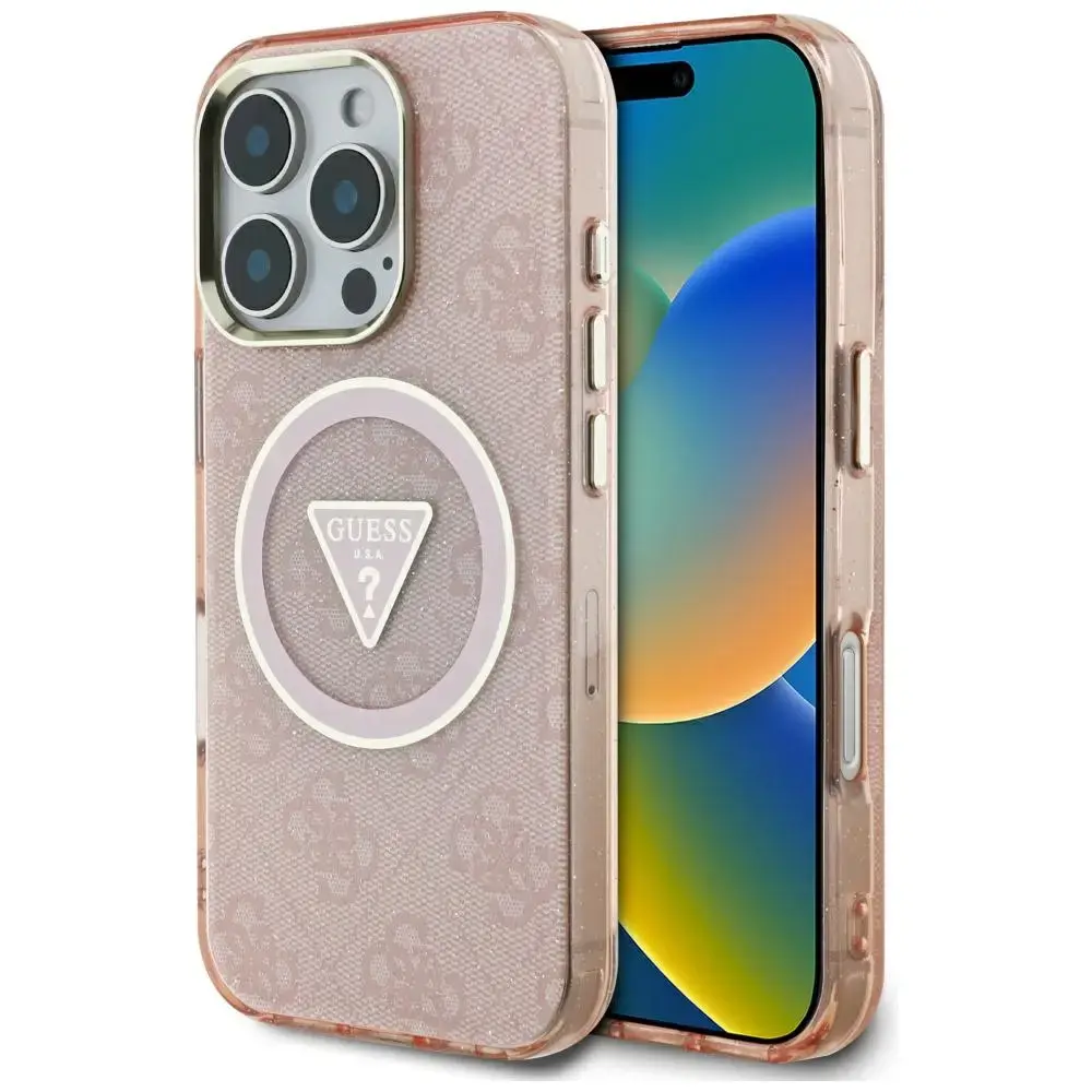 Guess IML Metal Glitter 4G Circle Triangle telefona maciņš priekš iPhone 16 Pro Max rozā ar MagSafe