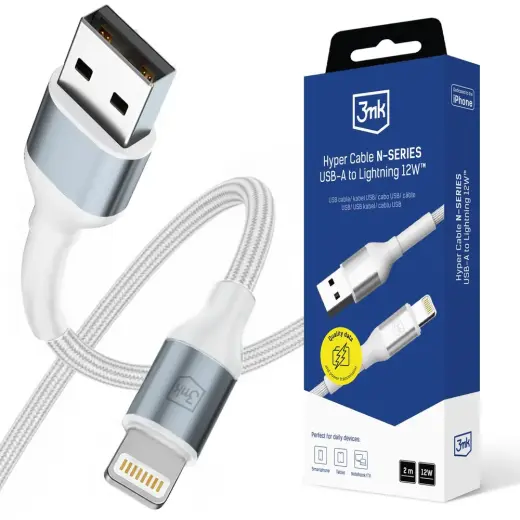 3mk Hyper N-SERIES duomenų perdavimo ir įkrovimo laidas | MFI | USB-A į Lightning | 12W | 2m | baltas