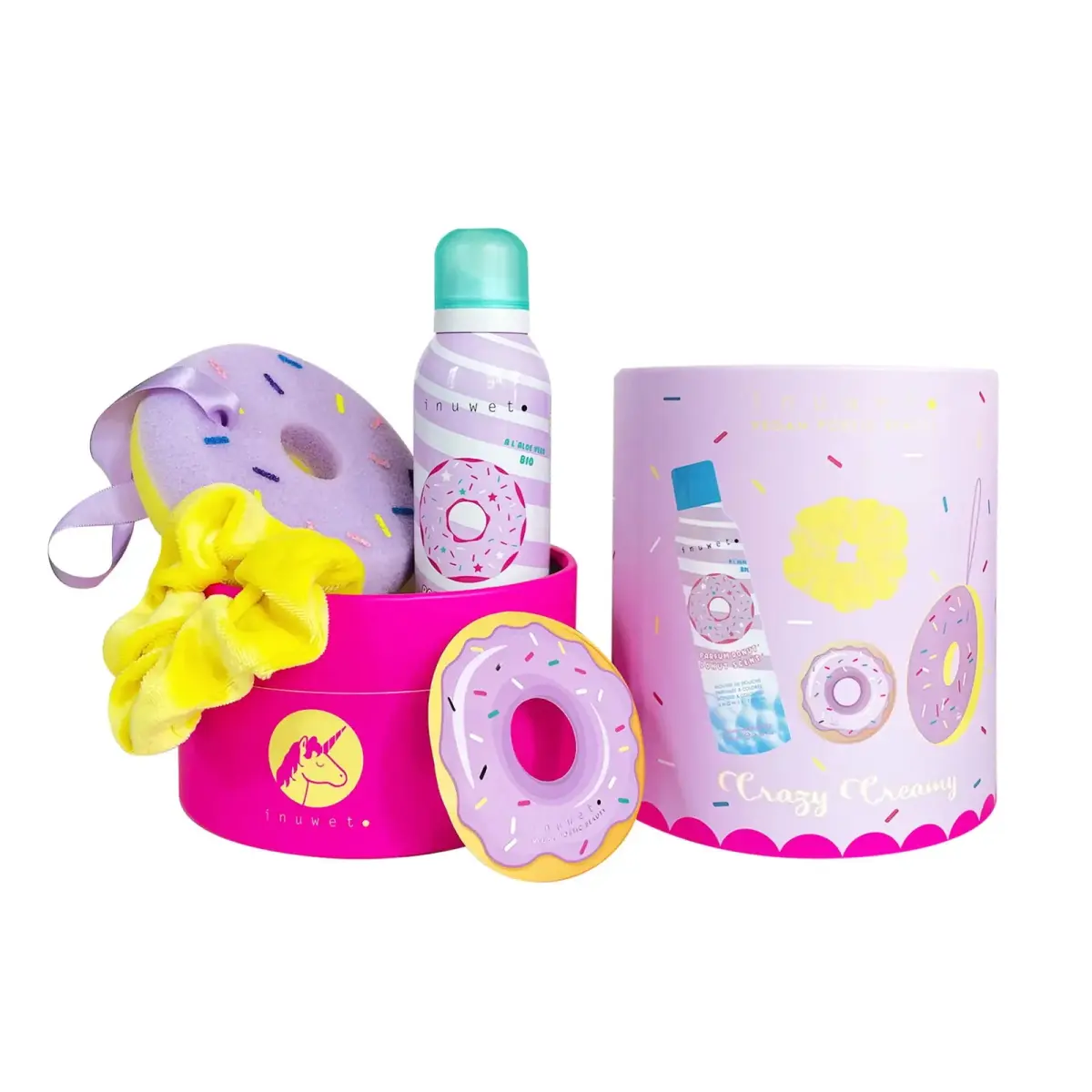 Set Inuwet: Donut, Cleansing & Moisturising, Shower Mousse, 200 ml + Scrunchy, Hair Elastic + Donut, Body Sponge + Donut, Gift Sticker