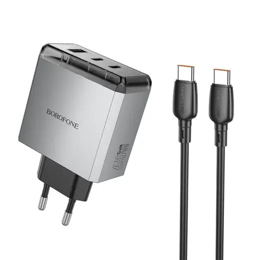 Borofone Wall charger BN22 Lena GaN - 2xType C + USB - QC 3.0 PD 65W with Type C to Type C cable grey