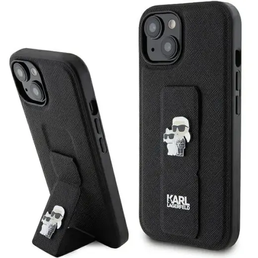 Karl Lagerfeld KLHCP15SGSAKCPK iPhone 15 | 14 | 13 6.1" czarny|black hardcase Gripstand Saffiano Karl&Choupette Pins