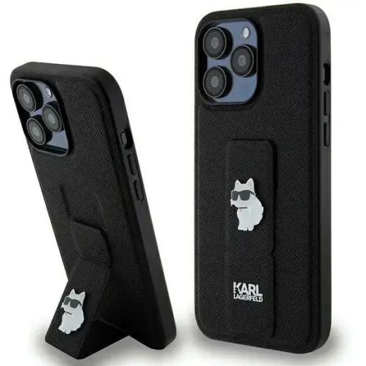 Karl Lagerfeld Gripstand Saffiano Choupette Pins Case for iPhone 13 Pro | 13 - Black