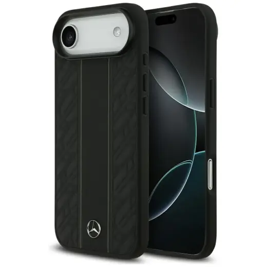Mercedes Leather Laurel Leaves Stripes telefoniümbris MagSafe toega, mudelile iPhone 17 Air, must