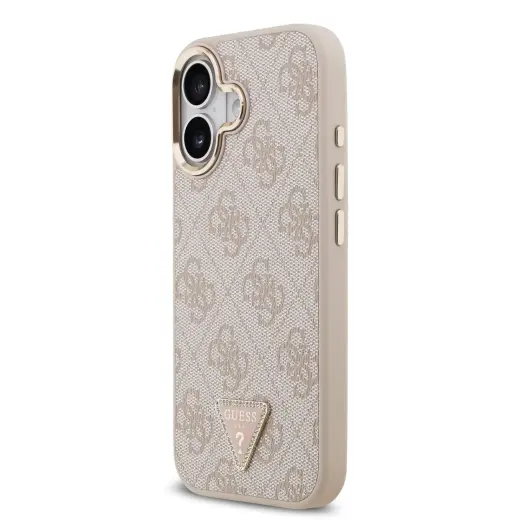 Guess PU Leather 4G Strass Triangle Logo Gold Frame MagSafe Case for iPhone 17 Pink