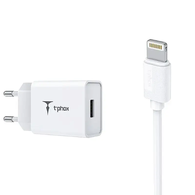 T-Phox MINI-EU tīkla lādētājs | 12W | USB-A, Lightning | ar USB-A uz Lightning vadu komplektā | balts