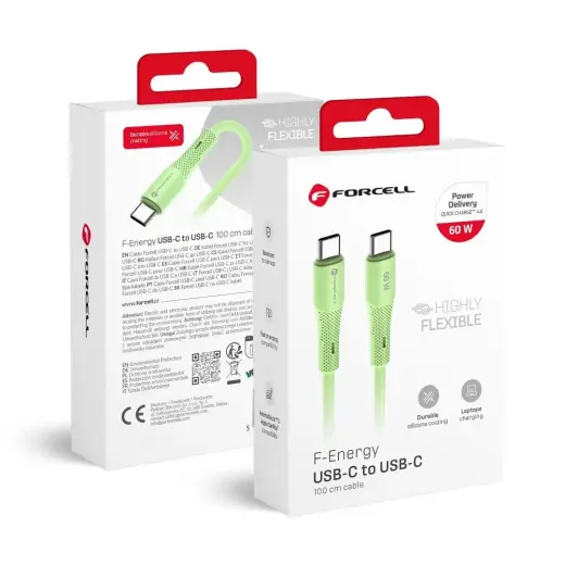 Forcell F-Energy C344 datu pārraides un uzlādes vads | USB-C uz USB-C | QC 4.0, PD | 60W | 1m | zaļš
