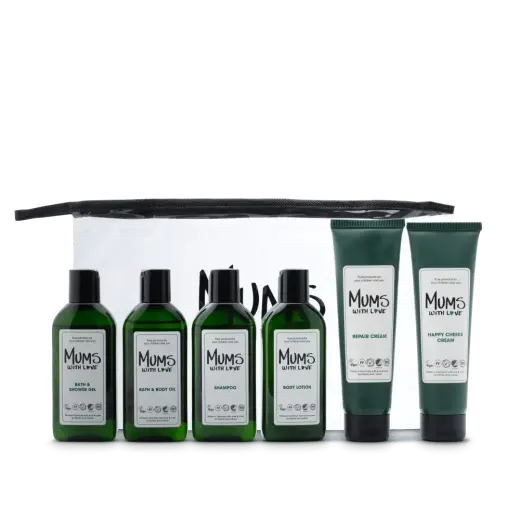 Starter Kit Set Mums With Love: Mums With Love, Hydrating, Body Lotion, 100 ml + Mums With Love, Hair Shampoo, For Cleansing, 100 ml + Mums With Love, Shower Gel, For All Skin Types, 100 ml + Mums With Love, Cleansing, Bath Oil, 100 ml + Happy Cheeks, Repairing, Cream, For Face, 100 ml + Mums With Love, Repairing, Cream, For Face, 100 ml + Mums With Love, Textile Bag, Toiletry, For Women