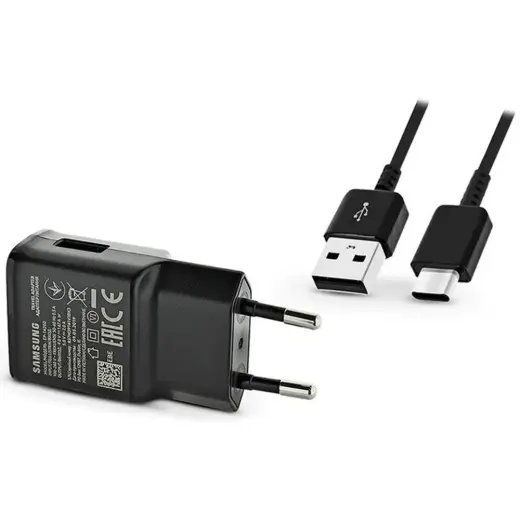 Зарядное устройство Samsung EP-TA200EBE | 15W | USB-A, USB-C | с кабелем USB-A на USB-C в комплекте | чёрное (OEM)