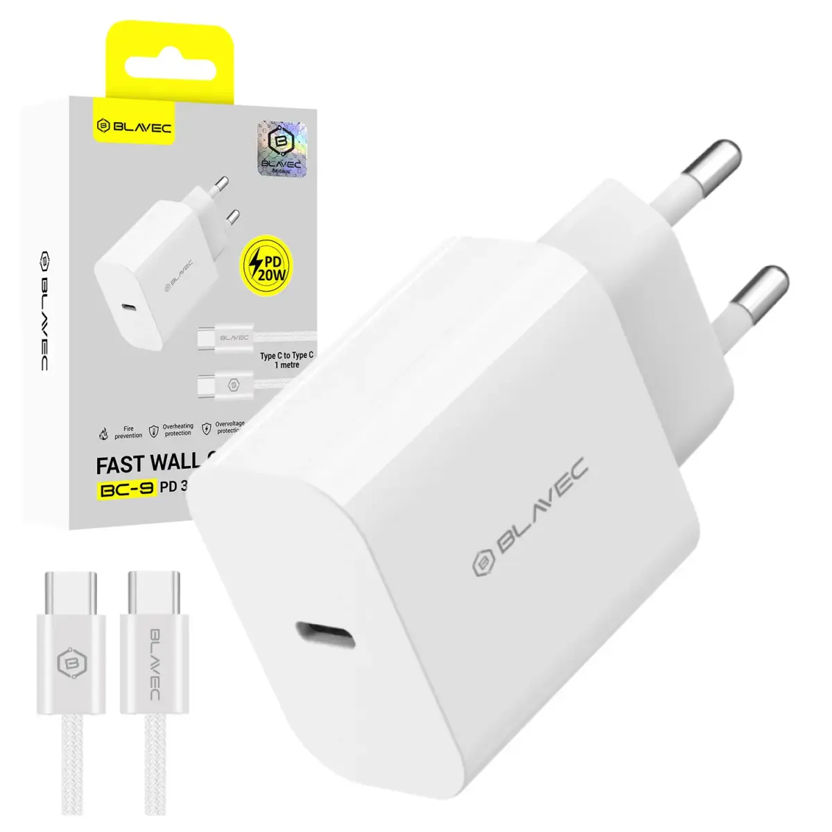 Blavec BC-9 tīkla lādētājs | 20W | PD | USB-C | ar USB-C uz USB-C vadu komplektā | balts