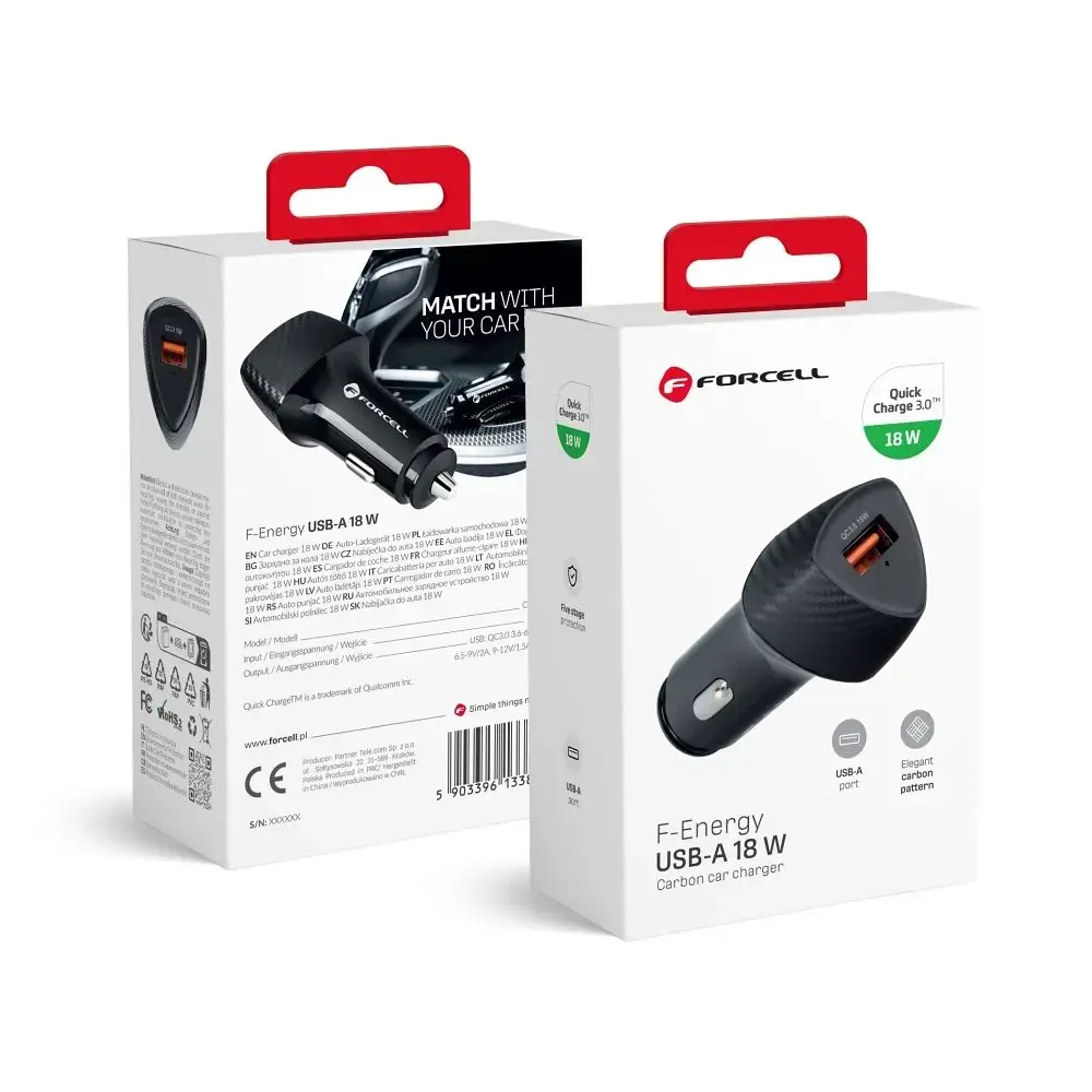 Forcell F-Energy Carbon CC50-1A auto lādētājs | 18W | QC | USB-A | melns