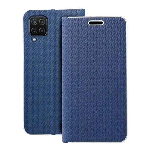 LUNA Book Carbon knyginio tipo telefono dėklas Samsung Galaxy A12 (A125) | M12 (M127) mėlynas