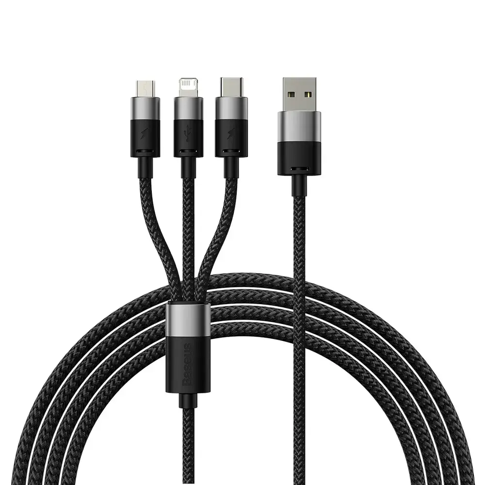 Baseus StarSpeed 3-in-1 datu pārraides un uzlādes vads | USB-A uz Micro USB, Lightning, USB-C | 17.5W | 1.2m | melns