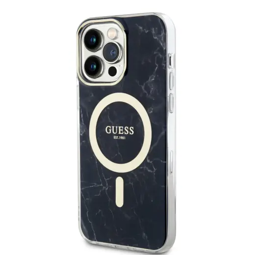 Guess IML Marble MagSafe telefoniümbris iPhone 13 Pro Max jaoks, must