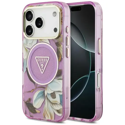 Case Guess IML Glitter Flowers Triangle  MagSafe for iPhone 18 Pro Max / 17 Pro Max purple