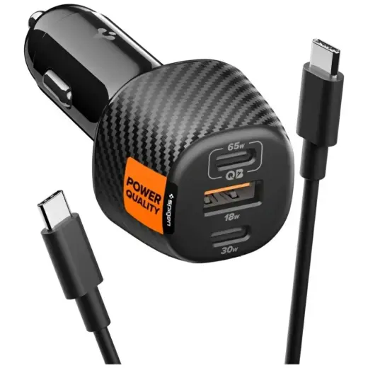 Spigen Essential EV1133 auto lādētājs | 113W | USB-C, USB-A | ar USB-C uz USB-C vadu komplektā | melns