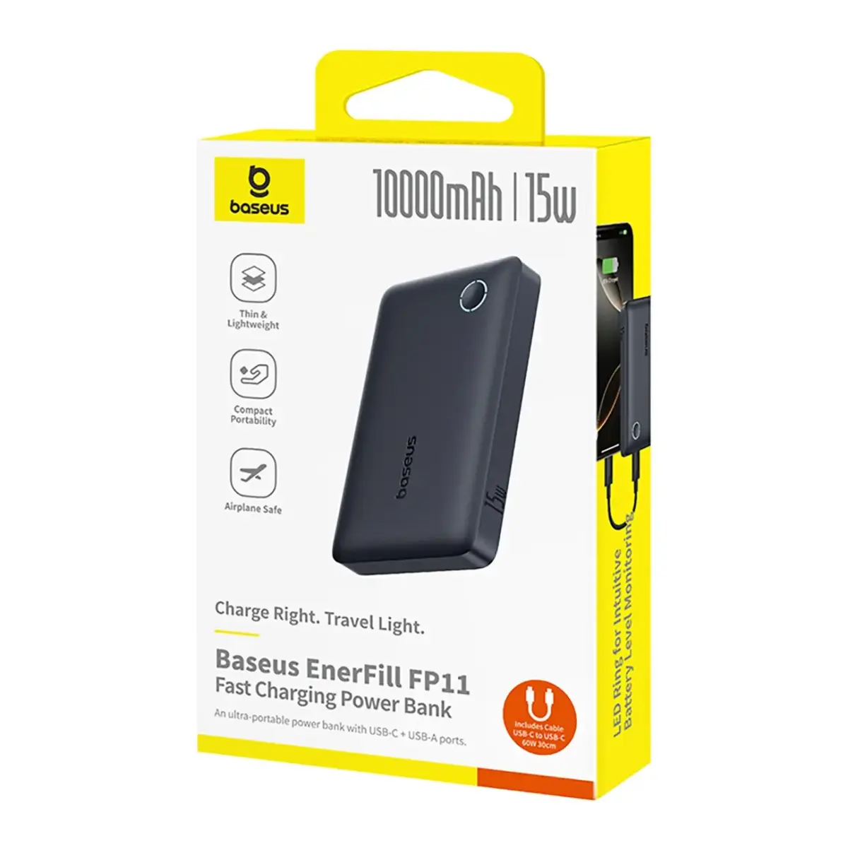 Baseus EnerFill FP11 Power Bank 10000mAh 15W (with black Simple USB-C - USB-C 20V/3A 30cm cable) - black