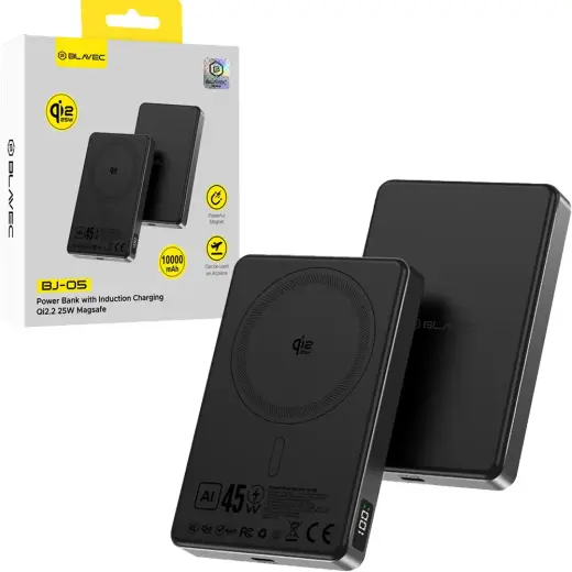 Blavec Power Bank 10000mAh BJ-05 Ultra Fast 16mm - Type C - Qi2.2 25W + PD 45W magnetic induction Magsafe 2 in 1 (PBBJ05-QI22MC10B) black aluminum