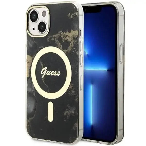 Guess GUHMP14SHTMRSK iPhone 14 6.1" black|black hardcase Golden Marble MagSafe