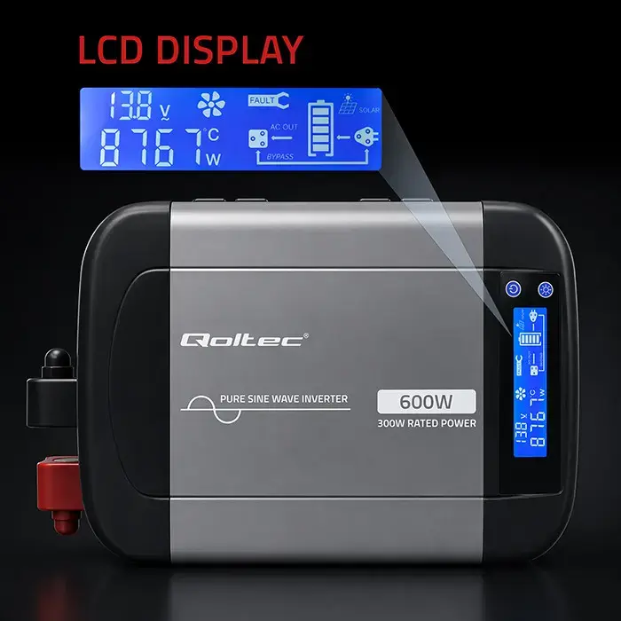 Qoltec Pure Sine Wave Inverter | 12V to 230V | 300/600W | LCD | USB | USC-C | Compatible with LiFePO4 GEL AGM
