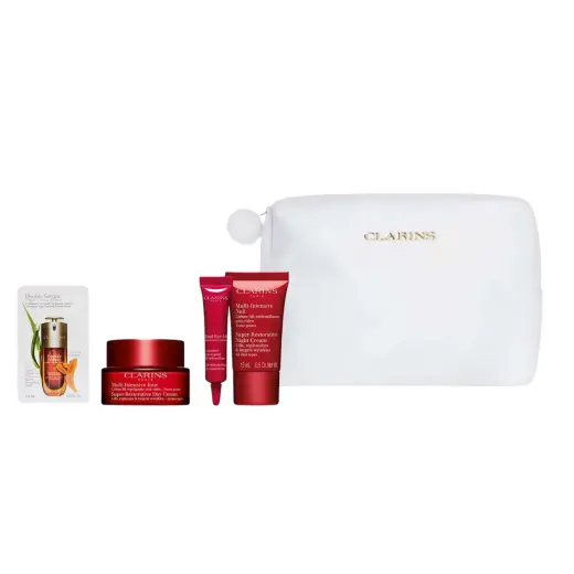 Multi-Intensive Set Clarins: Super Restorative, Reparative, Day, Cream, For Face, 50 ml + Super Restorative, Reparative, Night, Cream, For Face, 15 ml + Total Eye, Lift, Eye Serum, 7 ml + Double Serum, Bi-Phase, Daily, Serum, For Face, 0.9 ml *Sample + Clarins, Zippered, GWP Textile Pouch, White
