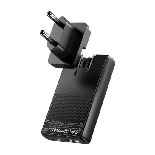 Essager ECT65W-QCB01 travel charger | 65W | GaN | USB-A, USB-C | black