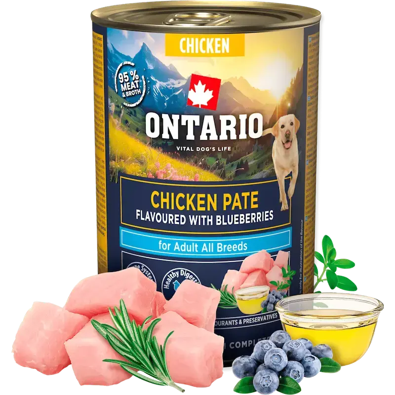 Konservi suņiem - Ontario Adult Chicken Pate with Blueberry Flavor 400g