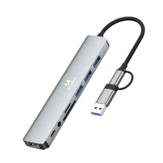 Wozinsky WAH-81 8-in-1 USB Hub with USB 3.0 SD Card Reader and Audio Output - Gray